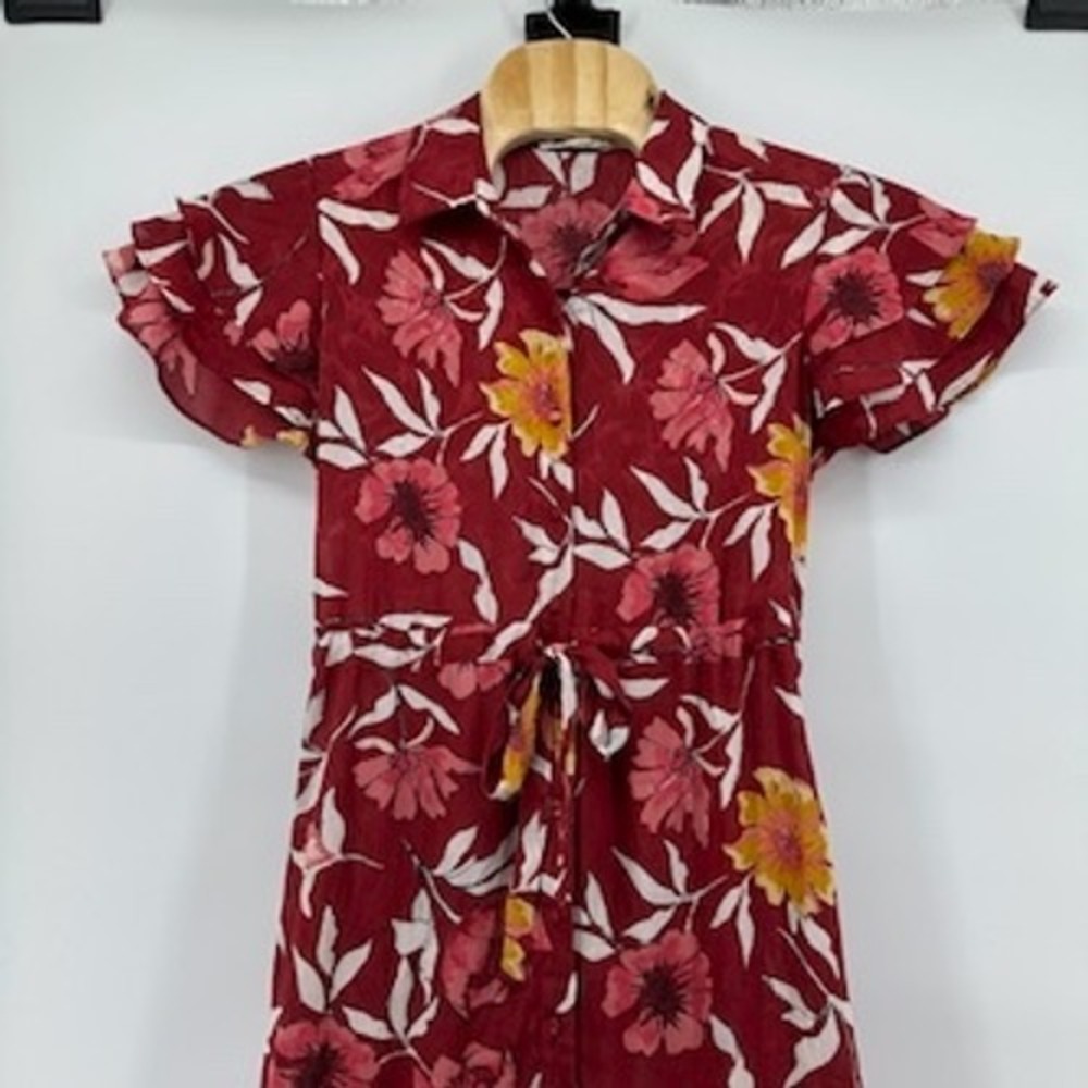 Love Stitch Med Floral Print Maxi Dress‎ Collared Button Front Ruffle Sleeve